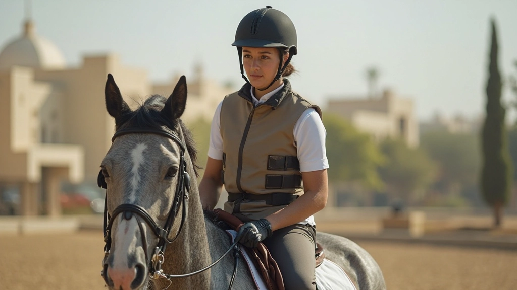 فارس مجهز بمعدات السلامة الكاملة بما في ذلك الخوذة والسترة الواقية