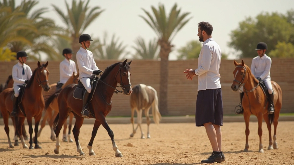 مدرب فروسية مصري متخصص يقدم نصائح تدريبية لمجموعة من الفرسان الشباب
