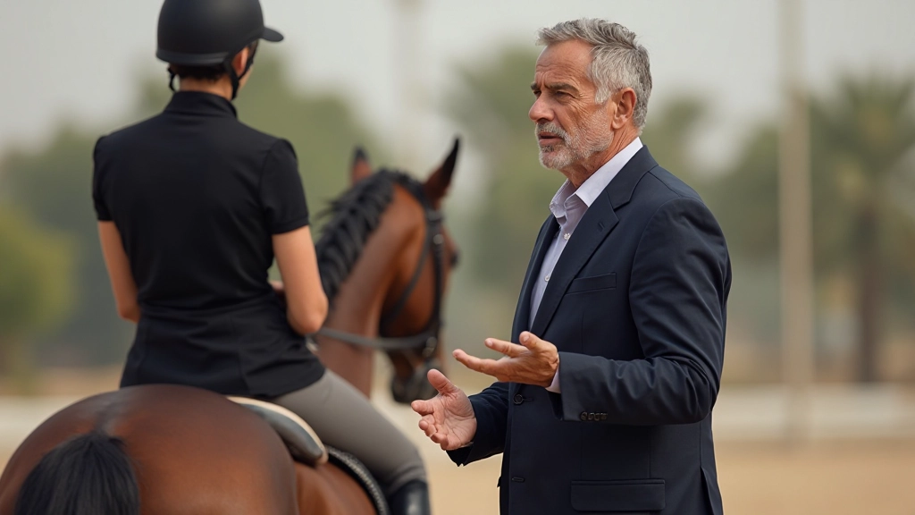 مدرب فروسية يقوم بتقييم جلسة الفارس على الحصان مع التركيز على وضعية الجسم والتوازن الصحيح